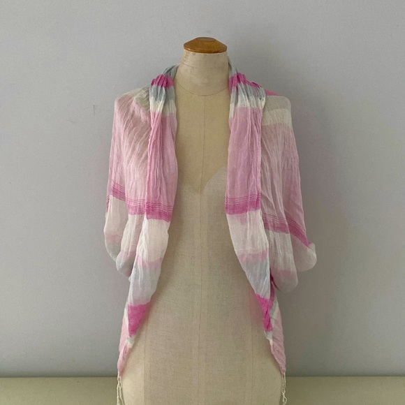 SUBTLE-LUXURY pink striped cover up w/ fringe. Linen cotton blend OS - Picture 3 of 7